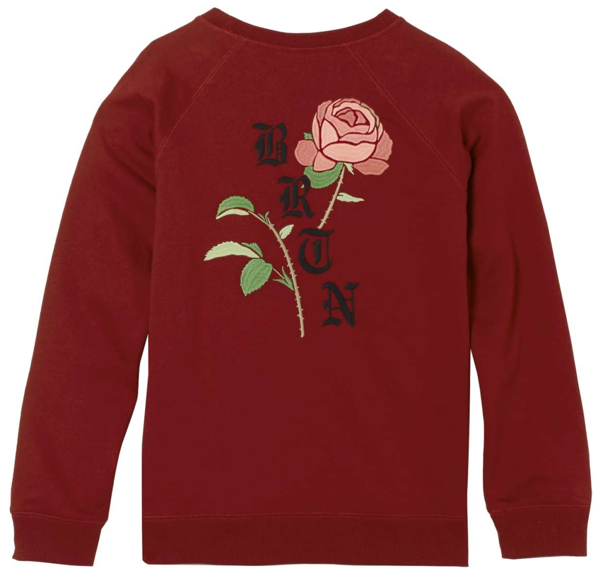 Burton Ladies Talent Scout Crew Top 2023 - A maroon crew neck sweatshirt with a large graphic of a woman's face on the front, wearing a black beanie and goggles.