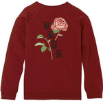 Burton Ladies Talent Scout Crew Top 2023 - A maroon crew neck sweatshirt with a large graphic of a woman's face on the front, wearing a black beanie and goggles.