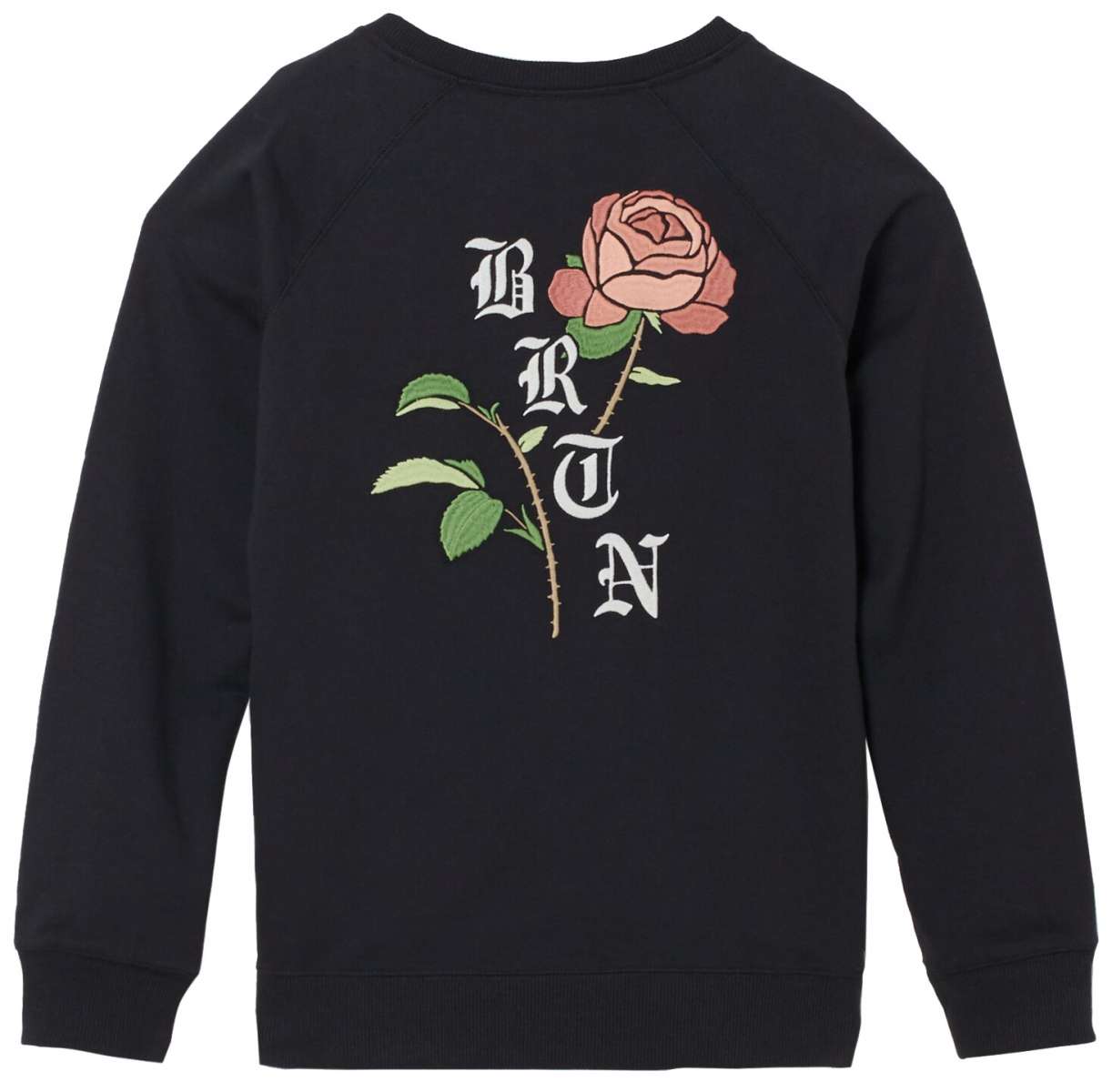 Burton Ladies Talent Scout Crew Top 2023 - A black crew-neck top with a pink rose graphic on the chest and "BURTON" written in white letters across the front.
