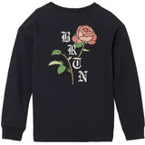 Burton Ladies Talent Scout Crew Top 2023 - A black crew-neck top with a pink rose graphic on the chest and "BURTON" written in white letters across the front.