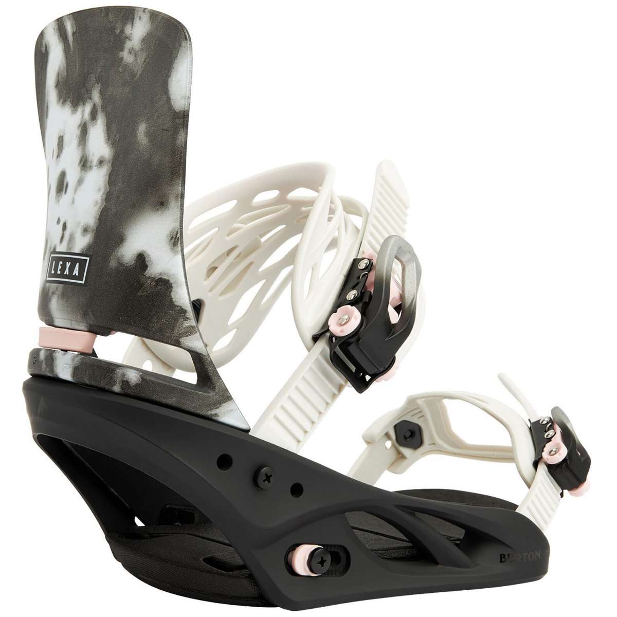 Burton Women's Lexa Snowboard Bindings 2022 - A black and white marbled snowboard binding with a pink strap buckle.