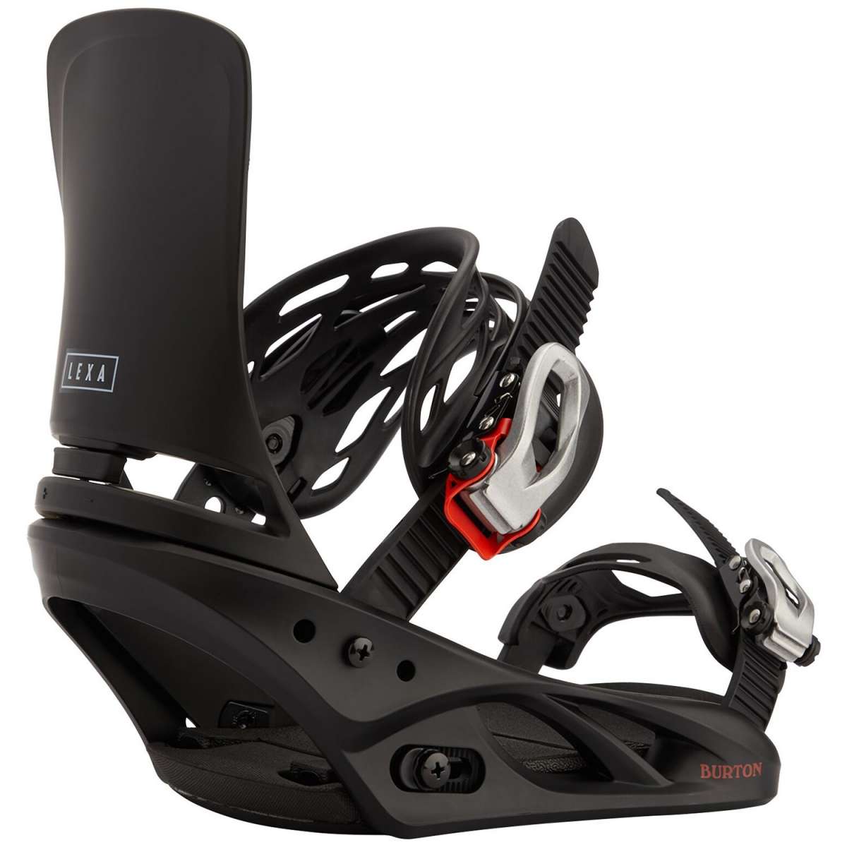 Burton Women's Lexa Snowboard Bindings 2022 - A black snowboard binding with a white logo on the strap and red accents.