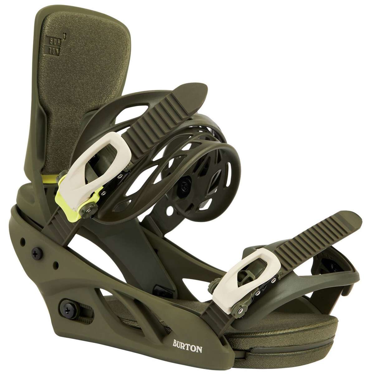 Burton Women's Lexa Snowboard Bindings 2022 - A pair of dark green snowboard bindings with white buckles and a textured black strap on the right binding.