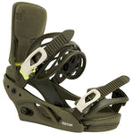 Burton Women's Lexa Snowboard Bindings 2022 - A pair of dark green snowboard bindings with white buckles and a textured black strap on the right binding.