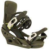 Burton Women's Lexa Snowboard Bindings 2022 - A pair of dark green snowboard bindings with white buckles and a textured black strap on the right binding.