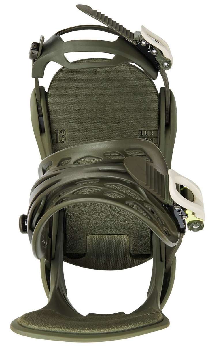 Burton Women's Lexa Snowboard Bindings 2022 - A pair of dark green snowboard bindings with a textured pattern on the straps and buckles.