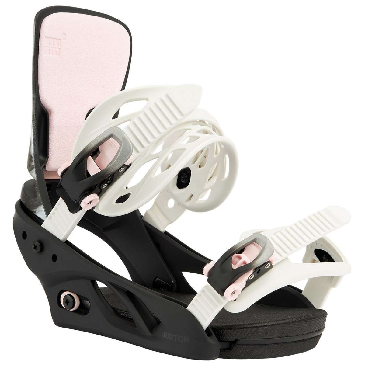 Burton Women's Lexa Snowboard Bindings 2022 - A pair of black and white snowboard bindings with pink accents.