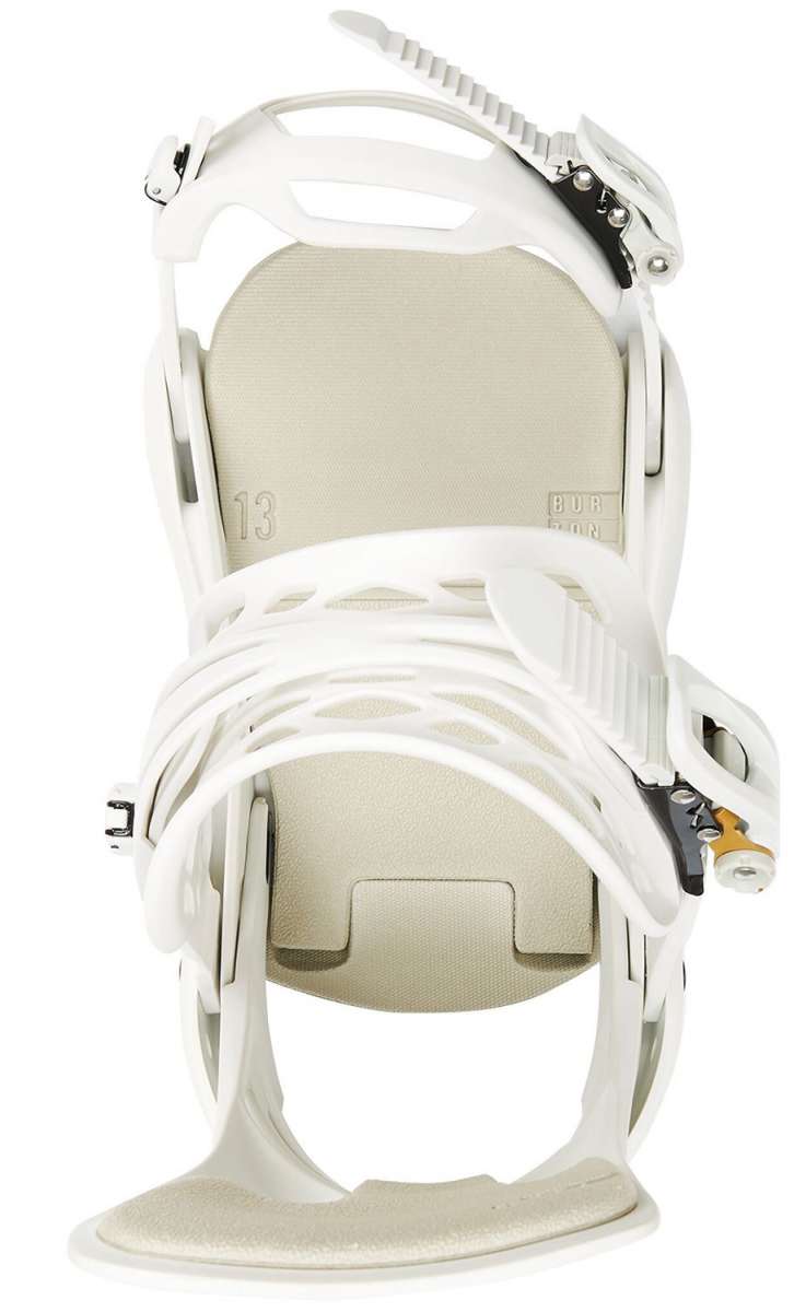 Burton Women's Lexa Snowboard Bindings 2022 - A pair of white snowboard bindings with a textured black strap and silver buckles.