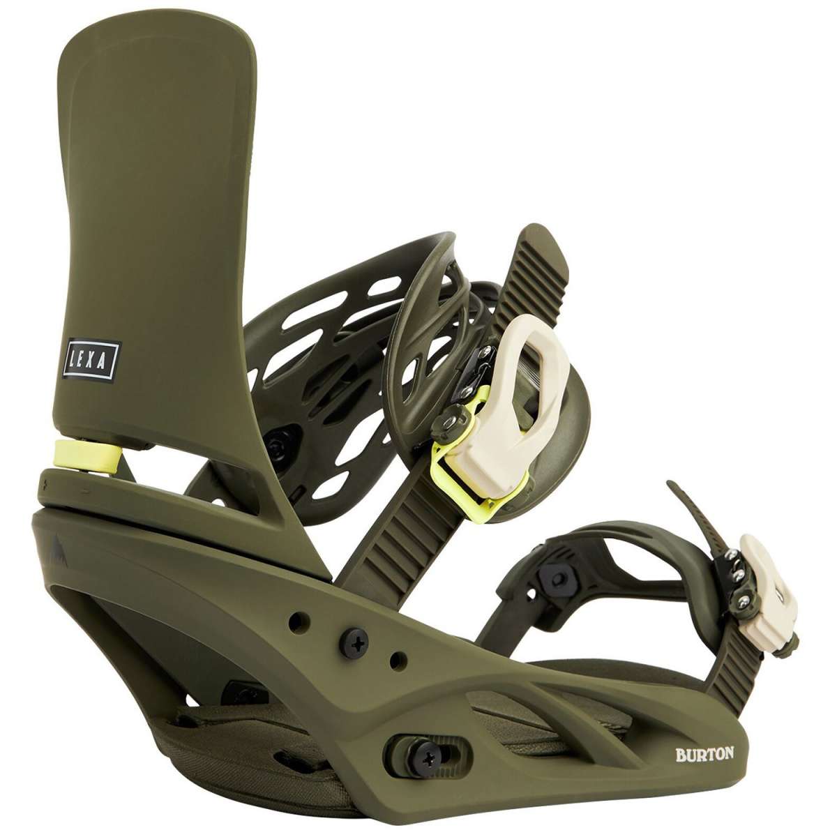 Burton Women's Lexa Snowboard Bindings 2022 - A dark green snowboard binding with a white logo on the strap and a black buckle.