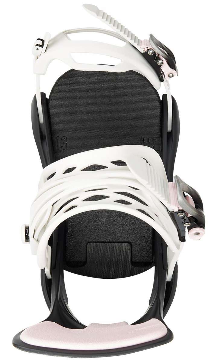 Burton Women's Lexa Snowboard Bindings - A black and white snowboard binding with a pink strap on the right side.