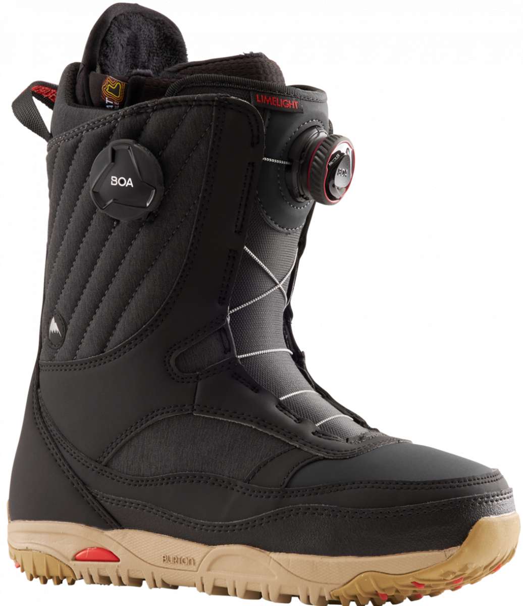Burton Women's Limelight BOA Snowboard Boot 2024 - Black snowboard boots with a white logo on the side and red accents around the BOA dials.