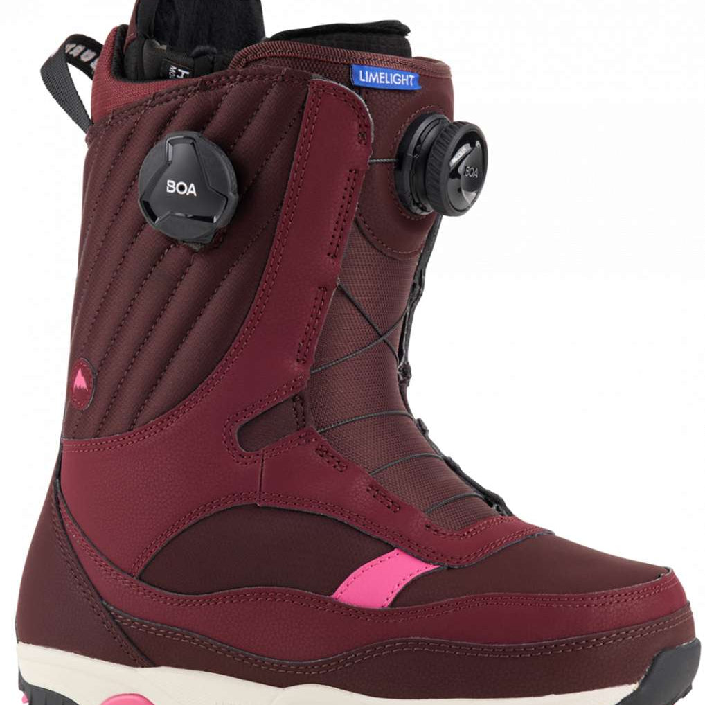 Burton Women's Limelight BOA Snowboard Boot 2024 - A tall, dark red snowboard boot with a black strap and two round black knobs labeled "BOA" on either side of the ankle.