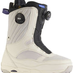 Burton Women's Limelight BOA Snowboard Boot 2024 - A pair of white snowboard boots with a black strap and a blue label that says "Limelight" on it.