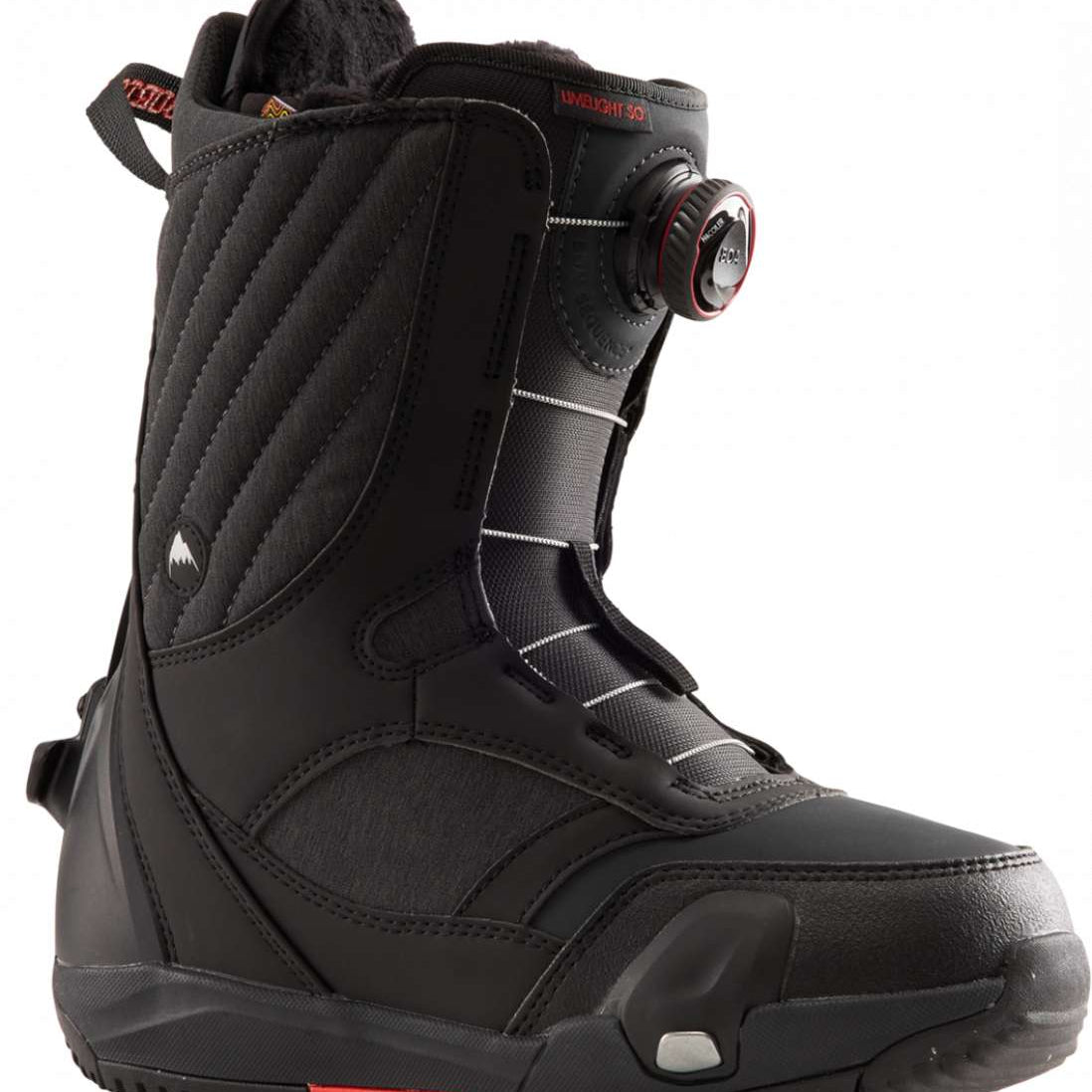 Burton Women's Limelight Step On Snowboard Boot 2024 - A black snowboard boot with a strap and buckle closure, featuring a textured pattern on the upper material.