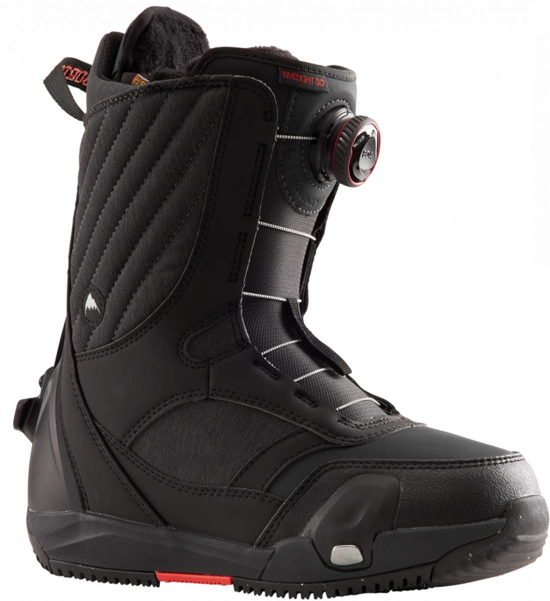 Burton Women's Limelight Step On Snowboard Boot 2024 - A black snowboard boot with a strap and buckle closure, featuring a textured pattern on the upper material.
