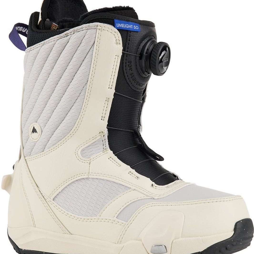 Burton Women's Limelight Step On Snowboard Boot 2024 - A white snowboard boot with a black strap and a blue tag that reads "LIMELIGHT SO".