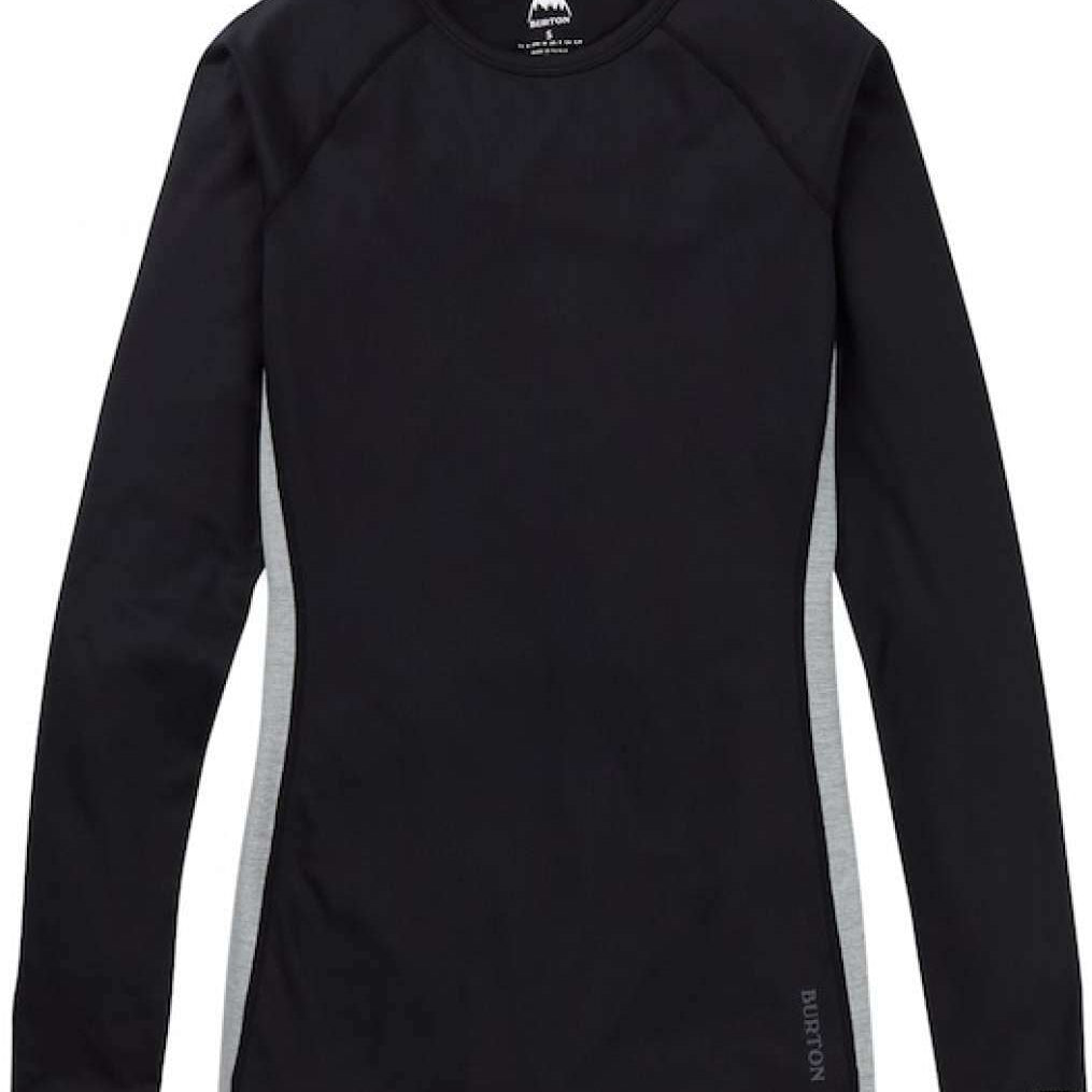 Burton Midweight X Crew Base Layer Top 2023 - A black crew neck base layer top with a small white logo on the chest and grey accents down the sides.