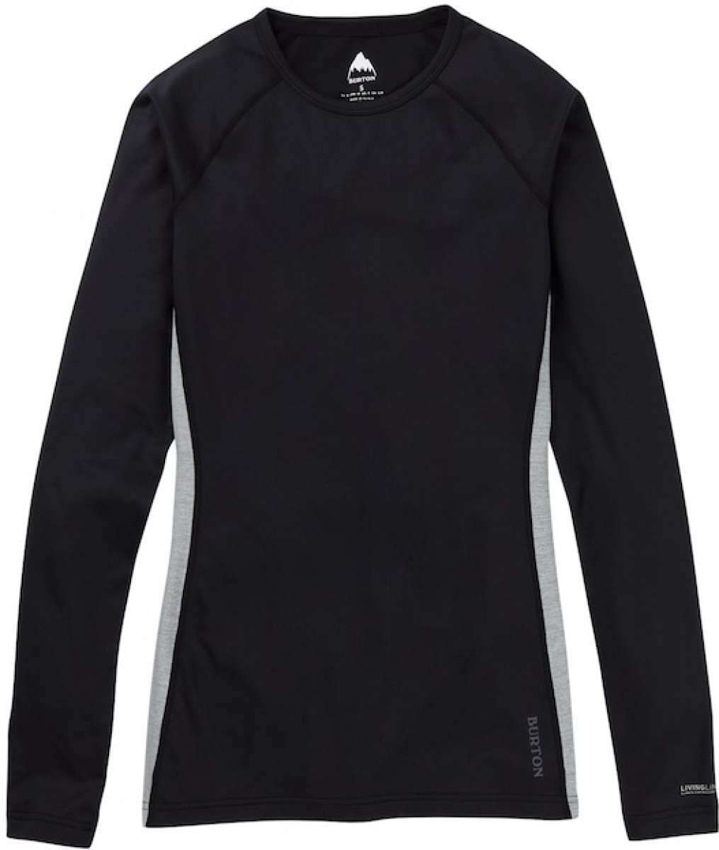 Burton Midweight X Crew Base Layer Top 2023 - A black crew neck base layer top with a small white logo on the chest and grey accents down the sides.
