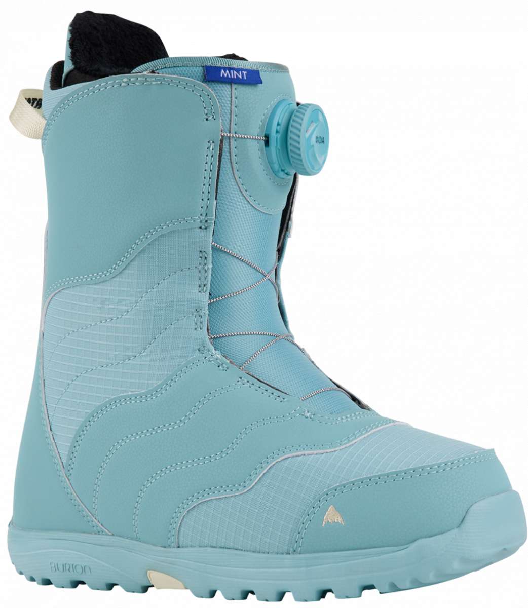 Burton Women's Mint BOA Snowboard Boot 2024 - A light blue snowboard boot with a textured pattern on the side and a round, light blue dial on the top.