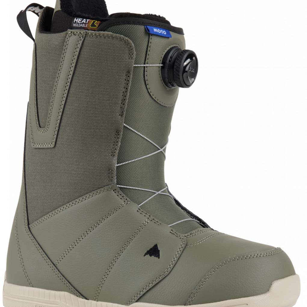 Burton Moto BOA Snowboard Boot 2024 - A tall, olive green snowboard boot with a black dial on the side and white soles.