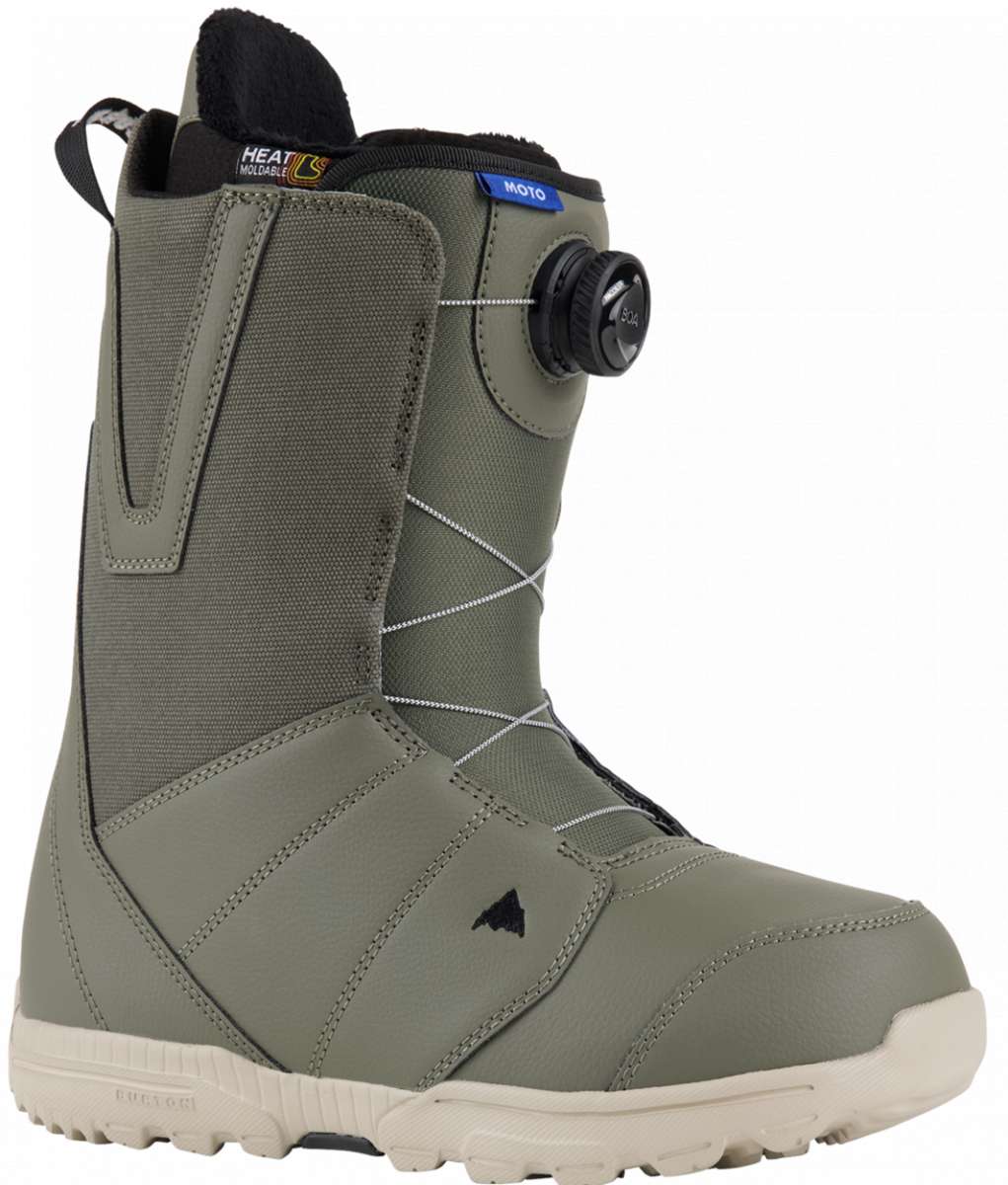 Burton Moto BOA Snowboard Boot 2024 - A tall, olive green snowboard boot with a black dial on the side and white soles.