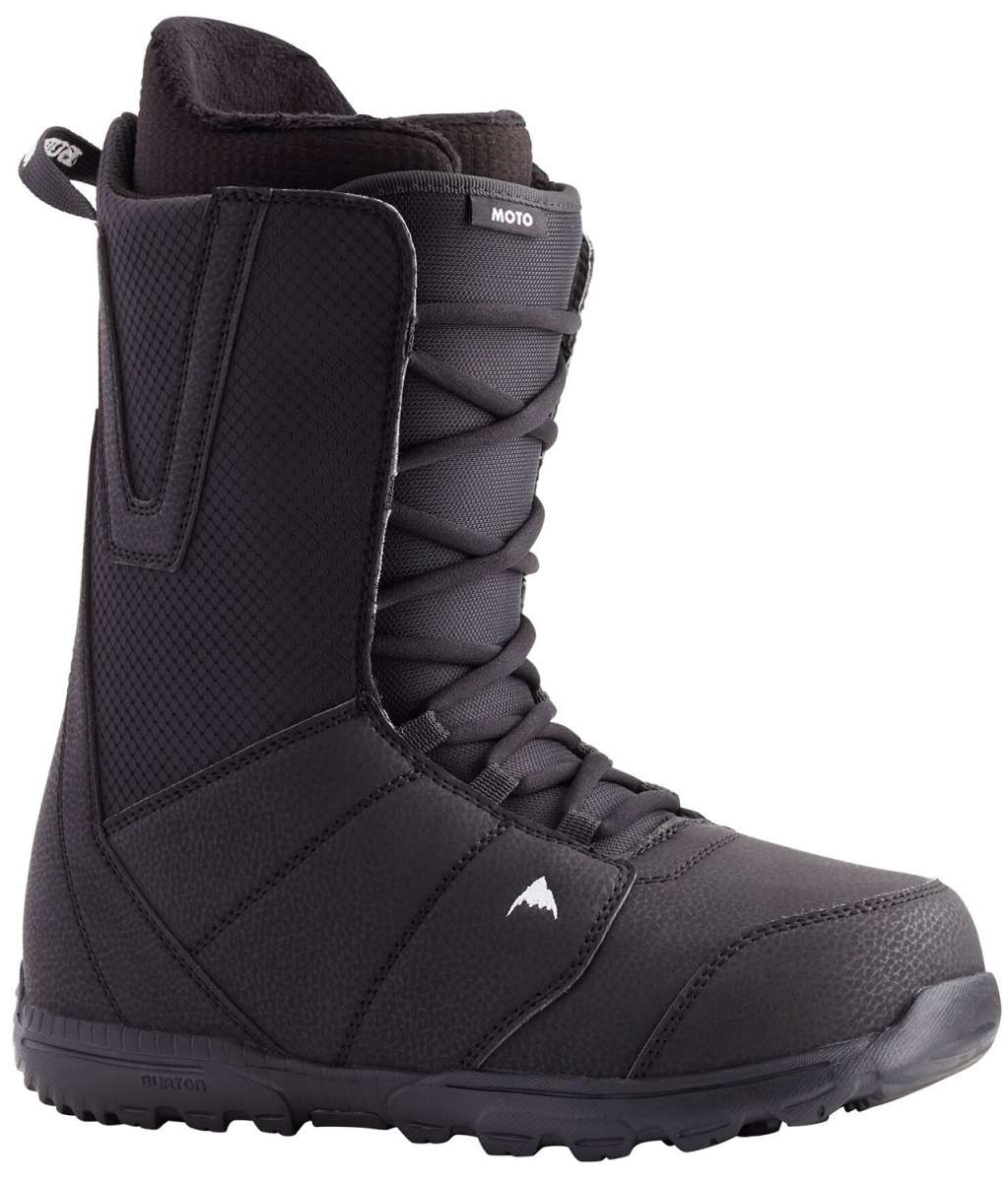 Burton Moto Snowboard Boot 2024 - A black snowboard boot with a textured pattern on the upper material and a white logo of a mountain peak on the front toe area.