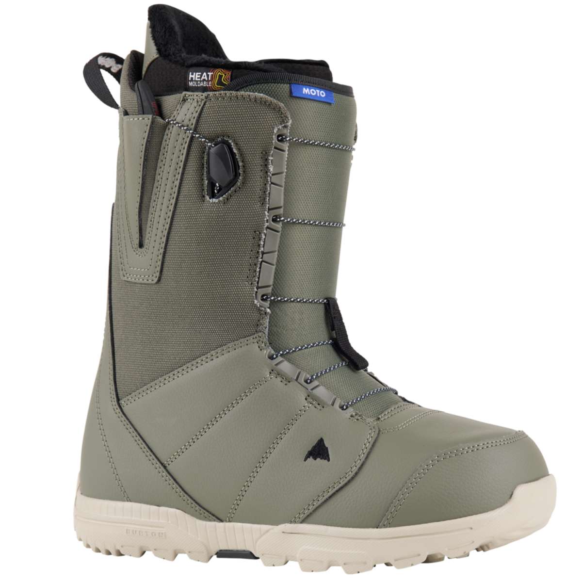 Burton Moto Snowboard Boot 2024 - A tall, olive green snowboard boot with a black strap and buckle on the side.