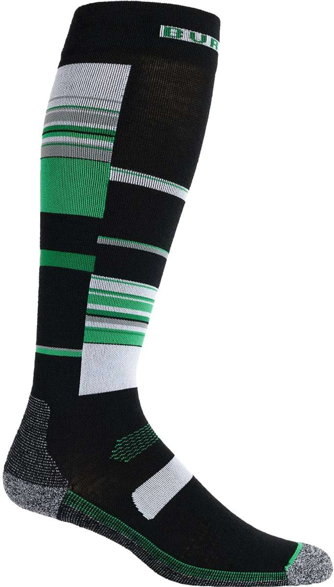 Burton Performance Ultralight Sock 2023 - Black socks with green and grey stripes on top of foot, white heel and toe.
