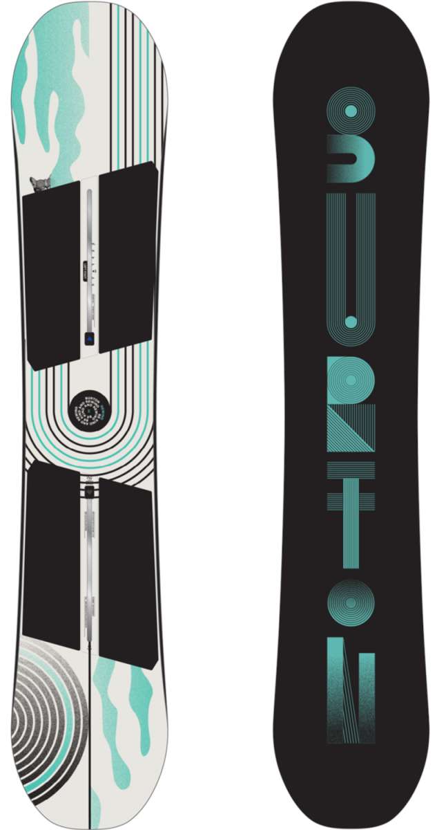 Burton Women's Rewind Snowboard 2024 - A white snowboard with black and teal accents, featuring a geometric pattern on its top surface.