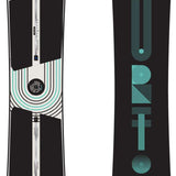 Burton Women's Rewind Snowboard 2024 - A white snowboard with black and teal accents, featuring a geometric pattern on its top surface.
