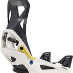 Burton Step On Snowboard Binding 2024 - A white snowboard binding with a black strap and yellow buckle.