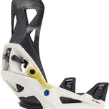 Burton Step On Snowboard Binding 2024 - A white snowboard binding with a black strap and yellow buckle.