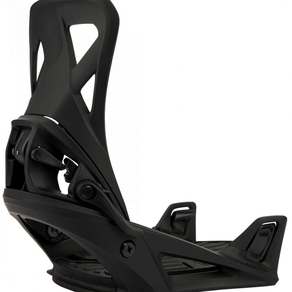 Burton Step On Snowboard Binding 2024 - A black snowboard binding with a sleek, modern design and a prominent "BURTON" logo on the strap.