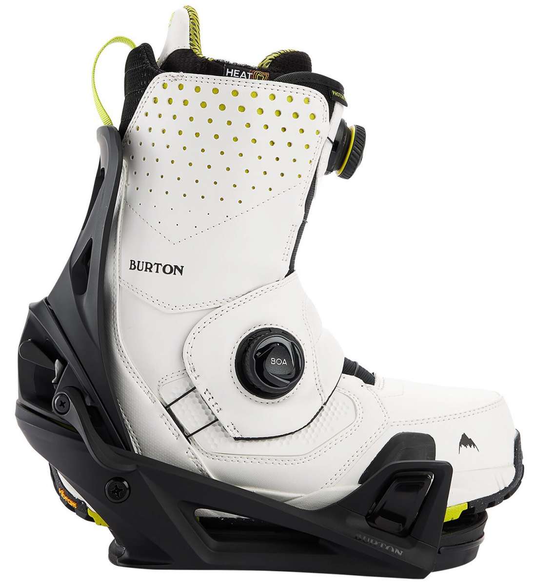 Burton Step On Snowboard Binding 2024 - A pair of white snowboard bindings with black buckles and straps, featuring a small yellow logo on the side.