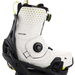 Burton Step On Snowboard Binding 2024 - A pair of white snowboard bindings with black buckles and straps, featuring a small yellow logo on the side.