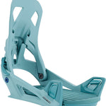 Burton Step On Snowboard Binding 2024 - A light blue snowboard binding with a rectangular logo on the top strap and a small black screw in the bottom left corner.