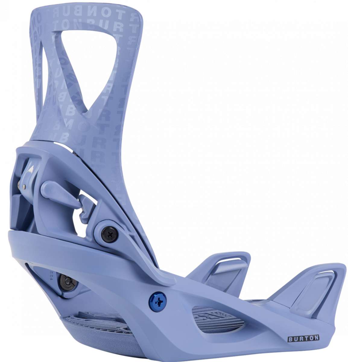 Burton Women's Step On Snowboard Bindings 2024 - A pair of light blue snowboard bindings with a repeating "BURTON" pattern on the top strap.