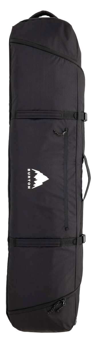 Burton Wheelie Gig Board Bag - A large, black bag with a white logo on the front and two wheels at the bottom for easy transport.