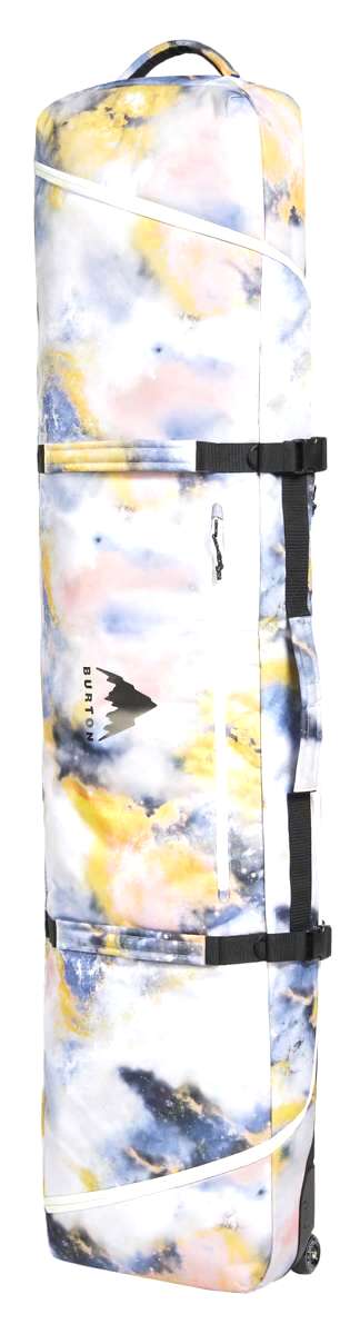 Burton Wheelie Gig Board Bag - A large, rectangular bag with a handle on top and wheels at the bottom, featuring a tie-dye pattern in shades of blue, yellow, and pink.