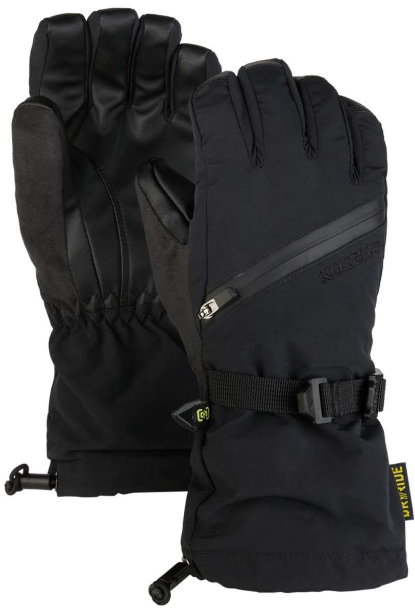 Burton Young Vent Gloves 2024 - Black gloves with a diagonal zipper on the top of one side, and a strap closure at the wrist.