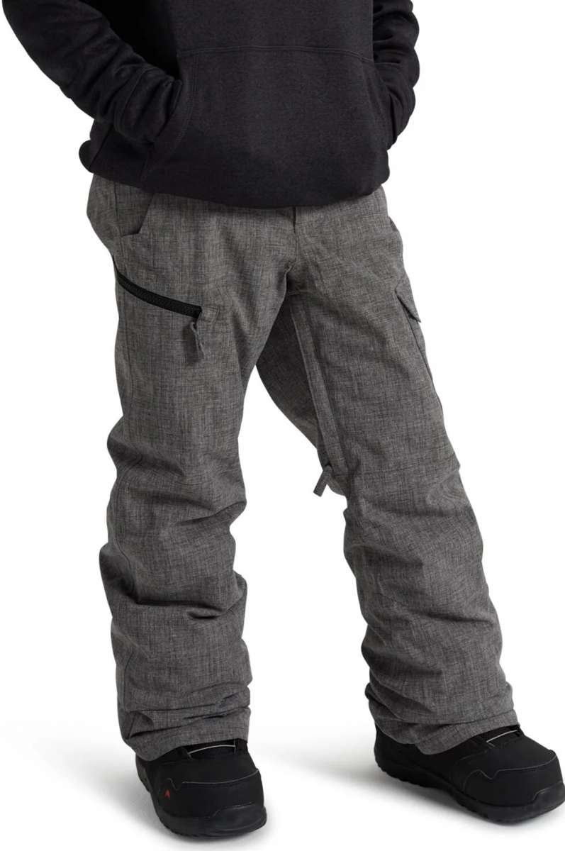 Burton Youth Exile 2L Insulated Cargo Pant 2024 - A pair of gray snowboard pants with a cargo pocket on the thigh and a black zipper pull.
