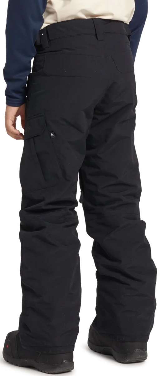 Burton Youth Exile 2L Insulated Cargo Pant 2024 - Black cargo pants with a small white logo on the left leg pocket.