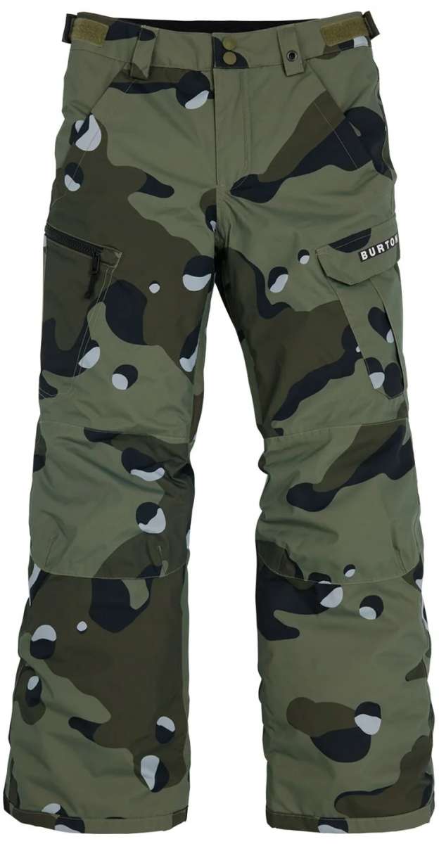 Burton Youth Exile 2L Insulated Cargo Pant 2024 - Dark green cargo pants with a camouflage pattern of olive, black and white shapes.