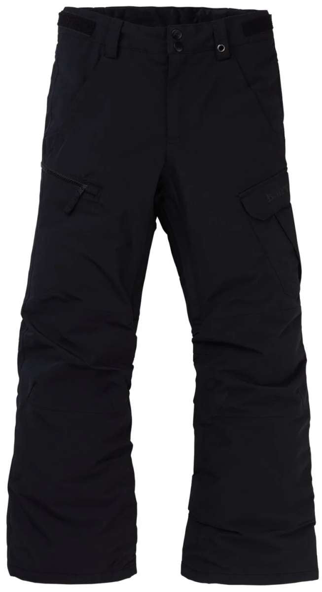 Burton Youth Exile 2L Insulated Cargo Pant 2024 - Black snow pants with two cargo pockets on each leg, one near the knee and one above the ankle.
