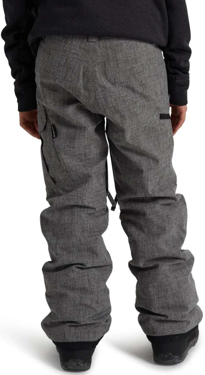 Burton Youth Exile 2L Insulated Cargo Pant 2024 - A pair of gray snowboard pants with a cargo pocket on the left thigh and black drawstring at the waist.