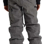 Burton Youth Exile 2L Insulated Cargo Pant 2024 - A pair of gray snowboard pants with a cargo pocket on the left thigh and black drawstring at the waist.