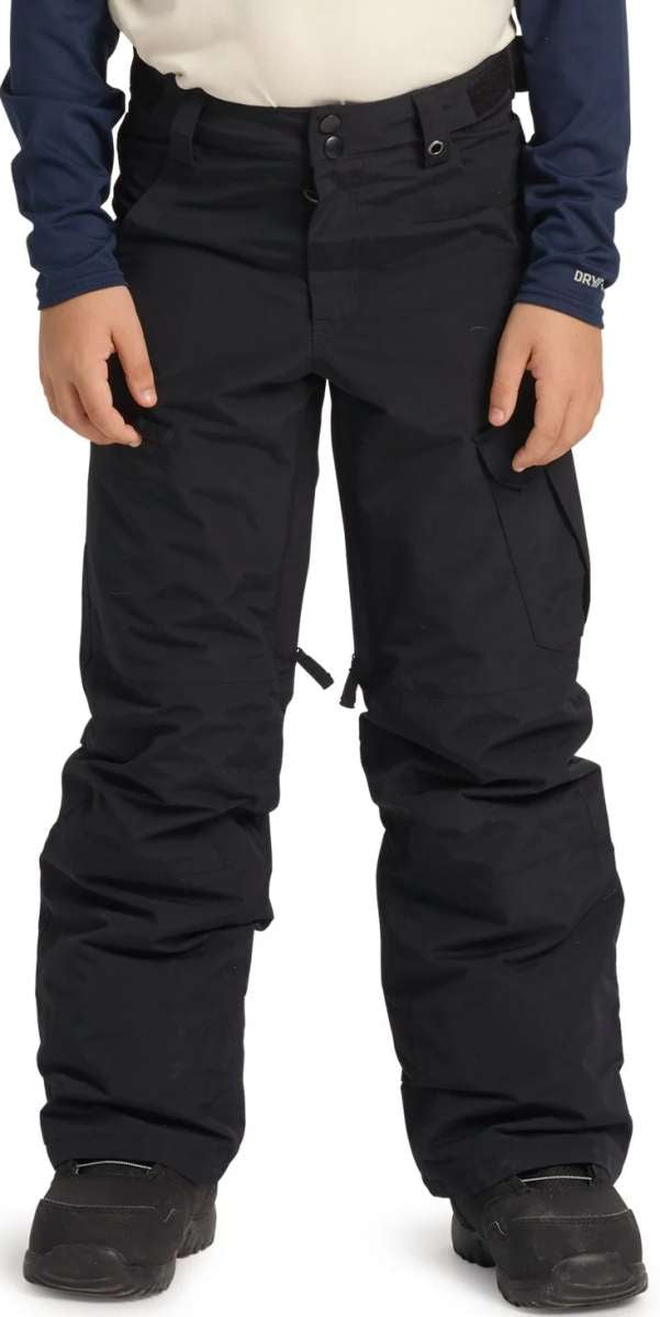 Burton Youth Exile 2L Insulated Cargo Pant 2024 - Black snow pants with zippered cargo pockets on each thigh and adjustable Velcro straps at the waistband.