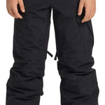Burton Youth Exile 2L Insulated Cargo Pant 2024 - Black snow pants with zippered cargo pockets on each thigh and adjustable Velcro straps at the waistband.