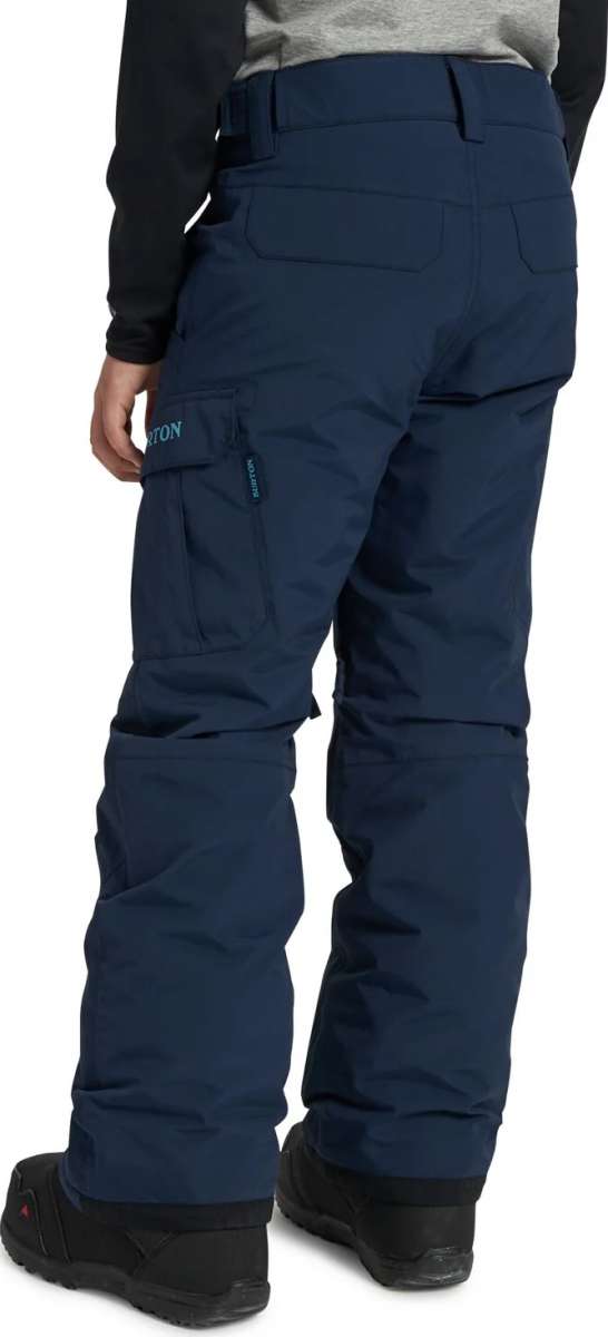 Burton Youth Exile 2L Insulated Cargo Pant 2024 - Dark blue cargo pants with a small zippered pocket on the right thigh and two cargo pockets on the left leg.