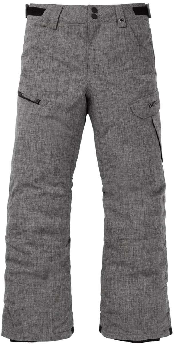 Burton Youth Exile 2L Insulated Cargo Pant 2024 - A pair of gray snow pants with a subtle black pattern and two cargo pockets on the right leg.